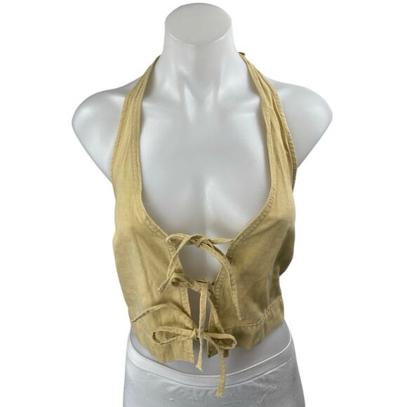 NEW MNG Mango Yellow Sleeveless Halter Tie Knot Open Back Vest Crop Top Size XS - Picture 1 of 5